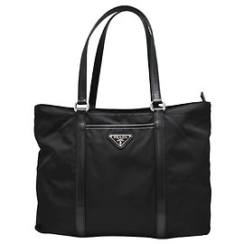 Sac cabas Prada en nylon et cuir noir Noir