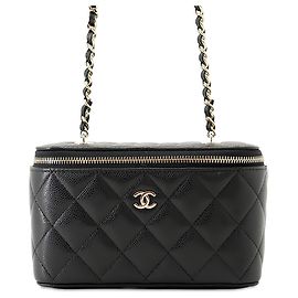 Chanel Small Quilted Caviar Vanity Case in Schwarz mit Kette Schwarz