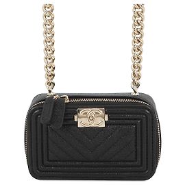 Chanel Black Mini Chevron Caviar Boy Clutch with Chain Black
