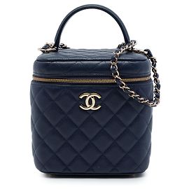 Chanel Blue CC Quilted Caviar Top Handle Vanity Case with Chain Blue Navy blue