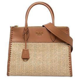 Bolsa Paradigme Prada em ráfia bege e couro City Calf com costura whipstitch Bege