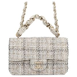 Chanel Gray Mini CC Quilted Tweed Chain Handle Flap Marrone Grigio