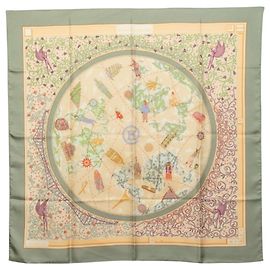 Hermès Lenço Hermes Carre 90 World Map Bege Verde