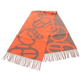 Hermès Écharpe en cachemire Hermes Casaque Buckle et Camaieu Marron Rouge