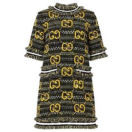 Gucci GG Monogram Tweed-Kleid mit Rüschen Schwarz Weiß Gelb