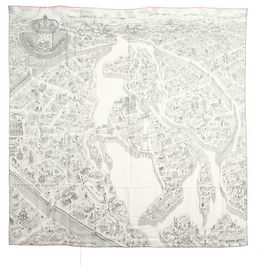 Hermès Carré 140 Nouvelle Cité Cavalière Pañuelo Cachemira Gris Rosa Blanco Gris