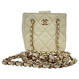 Chanel Mini Square gesteppte Clutch aus elfenbeinfarbenem Leder Weiß Roh
