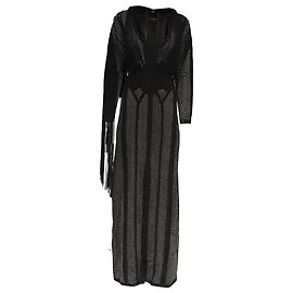 Herve Leger gestricktes Maxikleid mit Fransen und langen Ärmeln aus schwarzer Viskose Schwarz