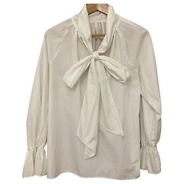 Autre Marque Blusa de Chiffon Mystrada com Mangas de Pérolas e Laço Branco