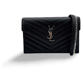 Autre Marque Saint Laurent Classic Monogram Wallet on Chain Matelasse Chevron Leather Small Noir