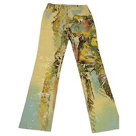 Roberto Cavalli Calças estampadas com papagaios e lantejoulas Multicor Verde Amarelo