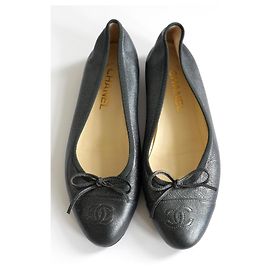 Chanel Pewter Metallic Leather CC Toe Cap Ballet Flats Grey