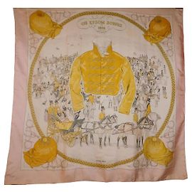 Hermès "On Epsom Downs 1836" silk square White Beige Yellow