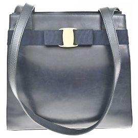 Salvatore Ferragamo Vintage Vara Bow Lizard Embossed Leather Medium Blu navy