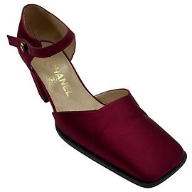 Chanel Burgundy Square Toe Satin Low Heel Pumps with CC Logo Ankle Strap Dark red