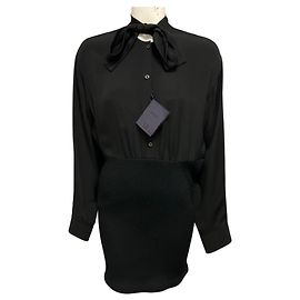 Robe mini Prada à manches longues en cady de soie et maille de laine noire Noir