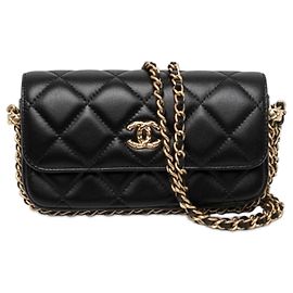 Porta-telemóvel com aba Chanel CC em pele de cordeiro acolchoada preta com mala de ombro de corrente Preto