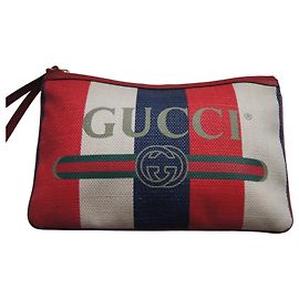 Gucci gestreifte Clutch aus Canvas und Leder Weiß Rot Blau Mehrfarben