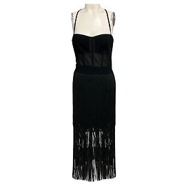 Robe de cocktail midi à franges et bustier noire Herve Leger Noir