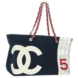 CHANEL Chain Tote Bag No5 Canvas Navy Silver CC Auth 162898V Silber Marineblau