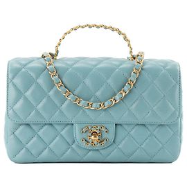 CHANEL - Bolsa de ombro Classique/Timeless Top Handle Chanel em couro liso azul Azul
