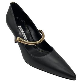 Manolo Blahnik Black Pointed Toe Leather Pumps with Gold Strap Black