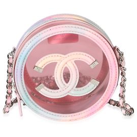Clutch Redonda Chanel em PVC e pele de cordeiro rosa com filigrana e corrente Rosa Multicor