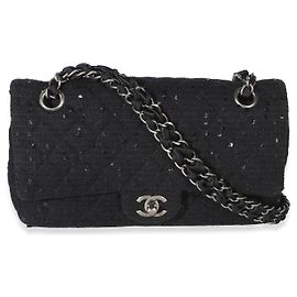 Sac à rabat Chanel Vintage en tweed noir avec sequins et broderies, taille Medium Noir