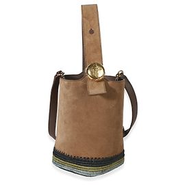 Mini Bolsa Bucket Pebble Loewe em camurça castanha e riscas de ráfia Marrom