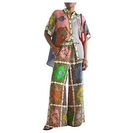 Autre Marque Alemáis Conjunto de Camisa e Calças de Linho Estampado Tropicana Rosa Azul Multicor Bege Verde Laranja Cinza Amarelo