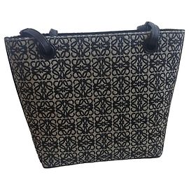 Loewe Shopper-Bag aus monogrammiertem Canvas und Leder Beige Dunkelblau