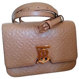 Bolsa de ombro Burberry TB pequena em couro camelo claro com monograma Bege Camelo