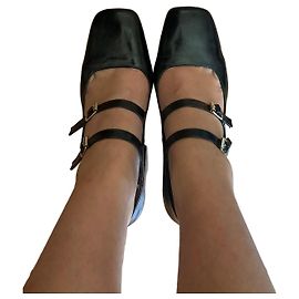 Jonak Black Leather Double Strap Block Heel Pumps Black