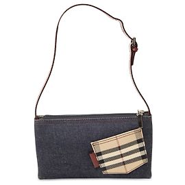 Bolsa de Ombro Burberry em Denim Azul com Patch House Check Azul Outro