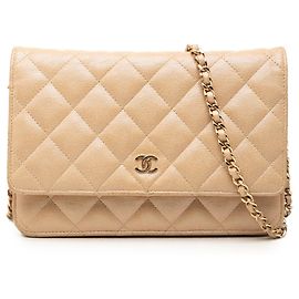 Chanel Beige CC Quilted Caviar Wallet on Chain Beige