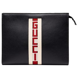 Clutch Gucci New Web em pele de vitelo preta com logótipo e risca Preto
