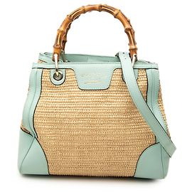 Sac cabas Gucci Small Raffia Bamboo Shopper Marron Marron Autre Bleu clair