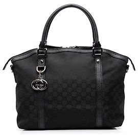 Bolsa Gucci Black Medium GG Canvas Charm Dome Satchel Preto