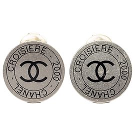 Chanel Silver CC Brass Croisiere Round Clip On Earrings Silvery