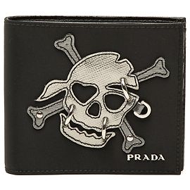 Carteira bifold Prada em Tessuto patchwork preto com crânio perfurado Preto