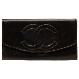 Portafoglio lungo Chanel Black CC Lambskin Stitched Double Flap Nero