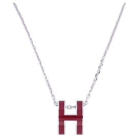 Hermès NEW HERMES POP H RED LACQUER PALLADIUM PENDANT NECKLACE + SILVER CHAIN Red