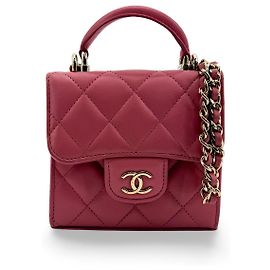 Chanel Square Classic Flap Top Handle Clutch with Chain Quilted Lambskin Pink