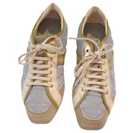 Christian Dior Baskets de conduite Cannage cuir et daim Beige Doré Bleu clair