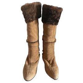 Dolce & Gabbana Brown suede high boots with fur trim Brown