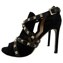 Valentino Garavani Rockstud Suede High Heel Sandals Black 37.5 Black Gold hardware