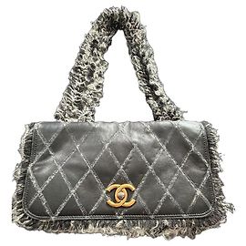 Chanel Black leather and tweed quilted flap bag Black White Grey