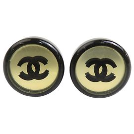 Black Chanel CC Silver Plated Resin Round Mirror Clip On Earrings Black