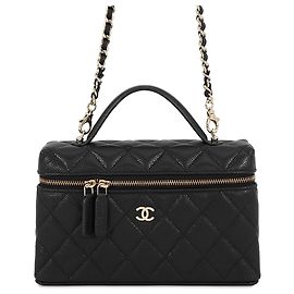 Black Chanel Mini CC Quilted Caviar Slim Vanity Case with Chain Satchel Black