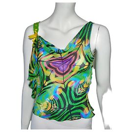 John Galliano Top en soie imprimée Multicolore Vert